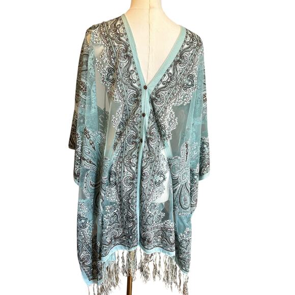 Teal Burn Out Poncho Shawl Paisley Women's One Size Sheer Fringe BOHO Artsy - Picture 8 of 8